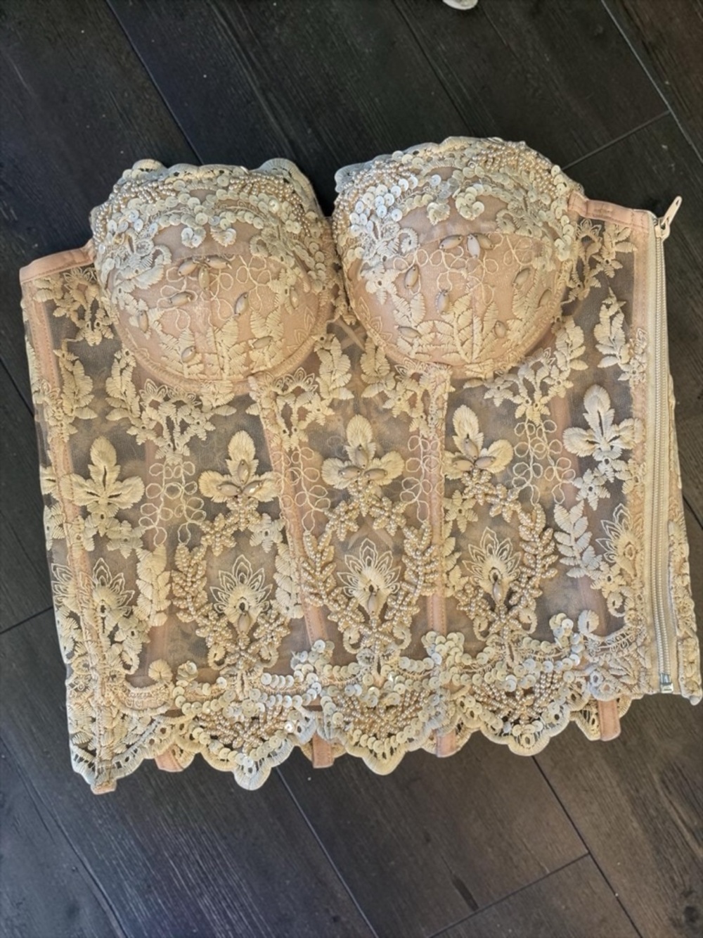 Lydia Champagne Beaded Lace Corset Bustier Sheer Mesh Sequin Strapless Small